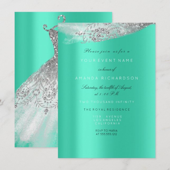 White Sweet 16th Bridal Dress Grey Mint Diamond Invitation (Front/Back)