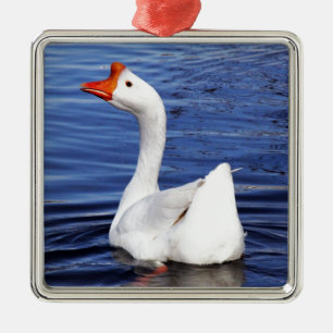 white swimming goose in blue water metal ornament