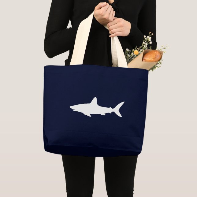 White Swimming Shark Silhouette Large Tote Bag (Front (Product))
