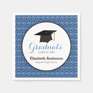 White Swirl on Blue, Personalized Graduation Napkin