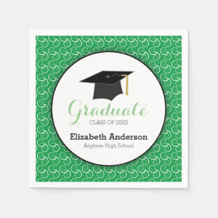 White Swirl on Green, Personalized Graduation Napkin