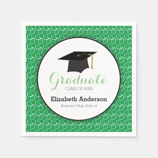 White Swirl on Green, Personalized Graduation Napkin (Front)
