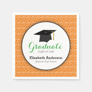 White Swirl on Orange, Personalized Graduation Napkin
