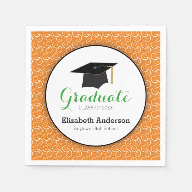 White Swirl on Orange, Personalized Graduation Napkin (Front)