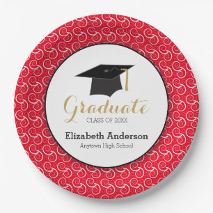 White Swirl on Red, Personalized Graduation Paper Plate