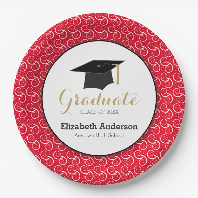 White Swirl on Red, Personalized Graduation Paper Plate (Front)