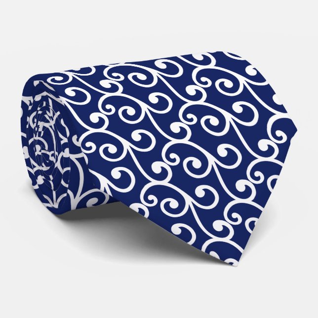 White Swirl Vector Pattern on Navy Blue Tie (Rolled)