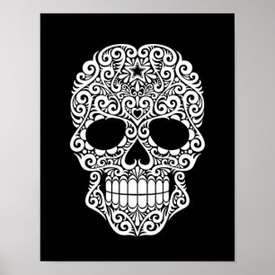 White Swirling Sugar Skull on Black Poster