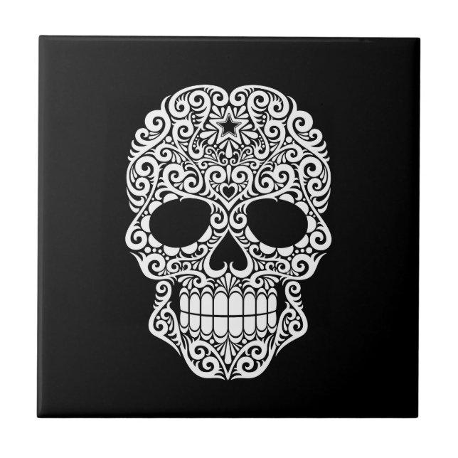 White Swirling Sugar Skull on Black Tile (Front)