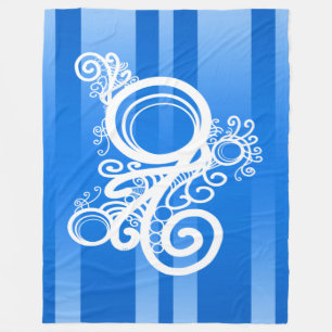 White Swirls Art Nouveau And blue Chic Stripes Fleece Blanket