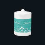 White Swirls Bride Groom Teal Elegant Wedding<br><div class="desc">Customizable Teal blue wedding item for your special day with white swirly decor and bride and groom illustration ©PLdesign. (You can change text,  images and background colour).</div>