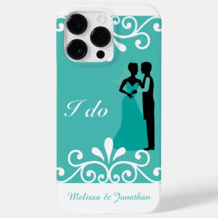 White Swirls Bride Groom Teal Elegant Wedding I do Case-Mate iPhone 14 Pro Max Case