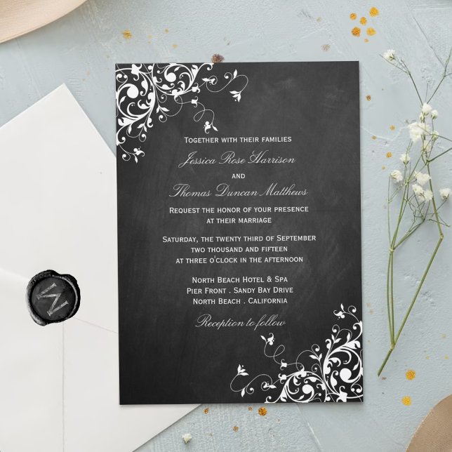 White Swirls On Chalkboard Wedding Invitations (Creator Uploaded)