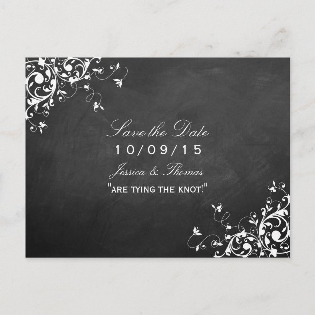 White Swirls On Chalkboard Wedding Save The Date Announcement Postcard (Front)