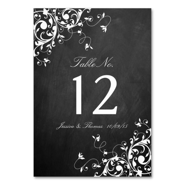 White Swirls On Chalkboard Wedding Table Number (Front)