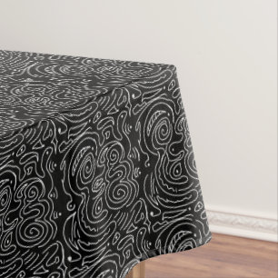 White Swirly Abstract Lines on Black Tablecloth