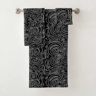 White swirly lines on black bath towel set