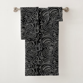 White swirly lines on black  bath towel set