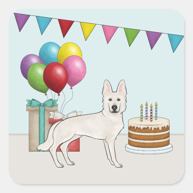 White Swiss German Shepherd Dog Colourful Birthday Square Sticker (Front)