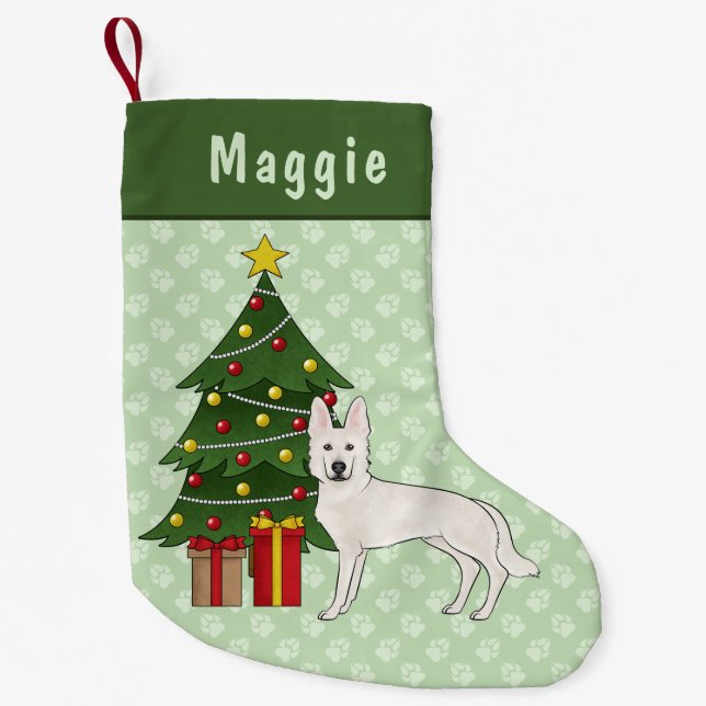 White Swiss Shepherd Cute Dog Green Christmas Tree Small Christmas Stocking (Front)