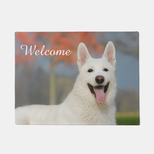 White Swiss Shepherd Dog Cute Photo -- Welcome Doormat (Front)