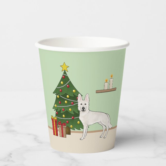 White Swiss Shepherd GSD Dog Green Christmas Tree Paper Cups (Front)
