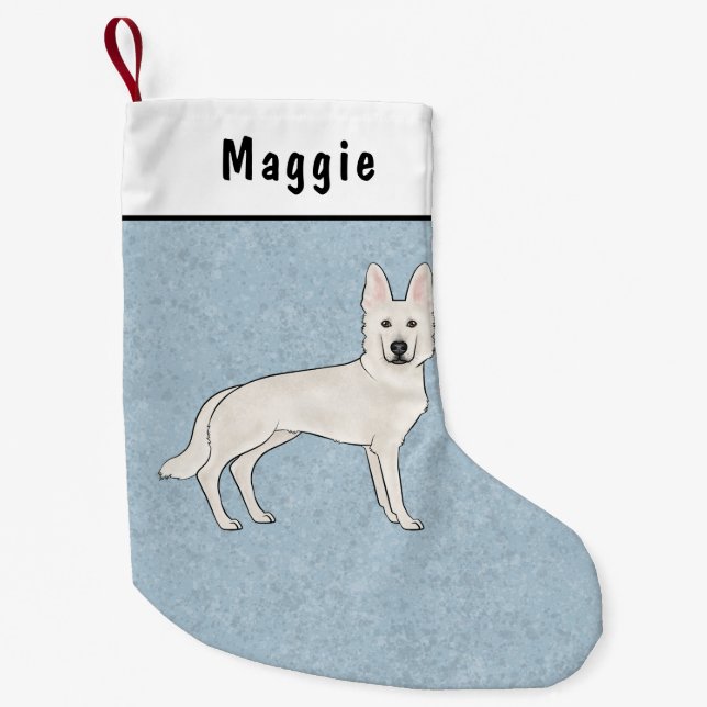 White Swiss Shepherd White GSD Cartoon Dog Blue Small Christmas Stocking (Front)