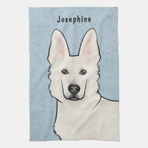 White Swiss Shepherd White GSD Cute Dog Head Blue Kitchen Towel