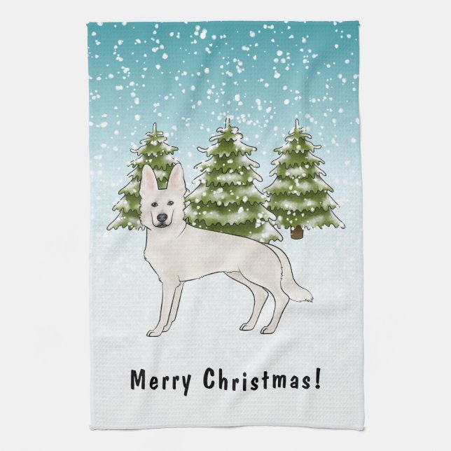 White Swiss Shepherd White GSD Dog Winter Forest Kitchen Towel (Vertical)