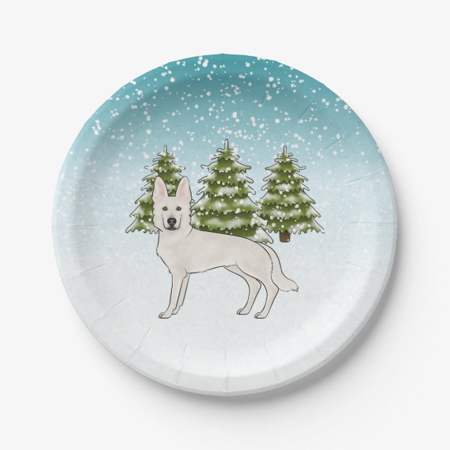 White Swiss Shepherd White GSD Dog Winter Forest Paper Plate (Front)