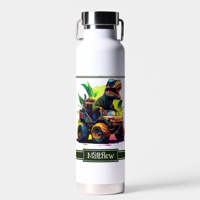 White T-Rex Riding Monster Truck Dinosaur Name Water Bottle (Front)