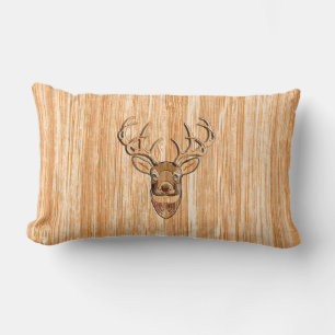 White Tail Buck Deer Head Wood Grain Style Lumbar Pillow