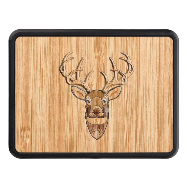 White Tail Buck Deer Head Wood Grain Style Trailer Hitch Cover (Front)