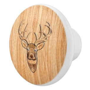 White Tail Deer Head Trophy Wood Grain Style Ceramic Knob