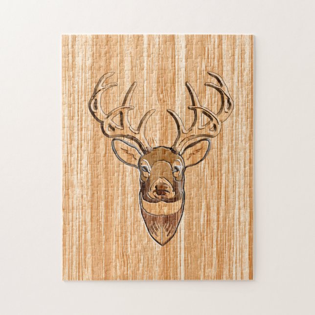 White Tail Deer Head Wood Grain Design Jigsaw Puzzle (Vertical)