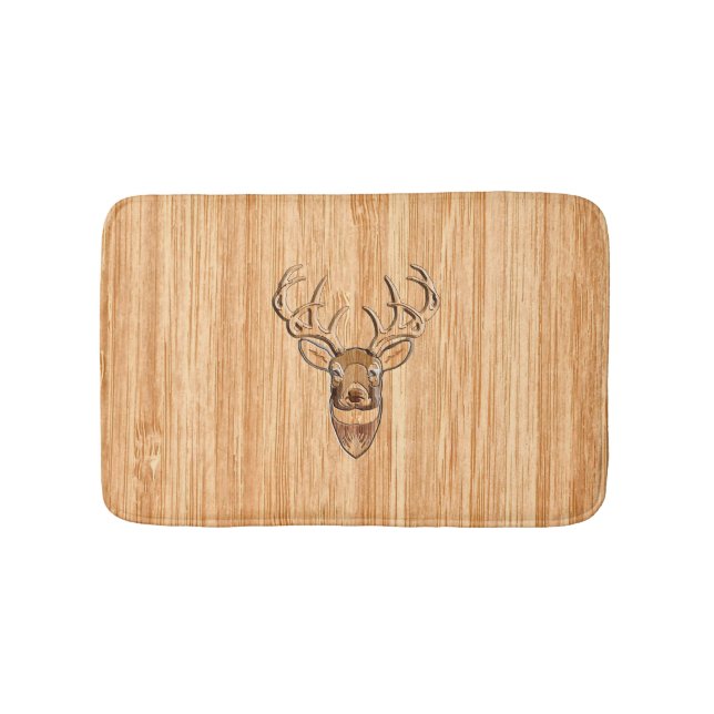 White Tail Deer Head Wood Grain Style Display Bath Mat (Front)