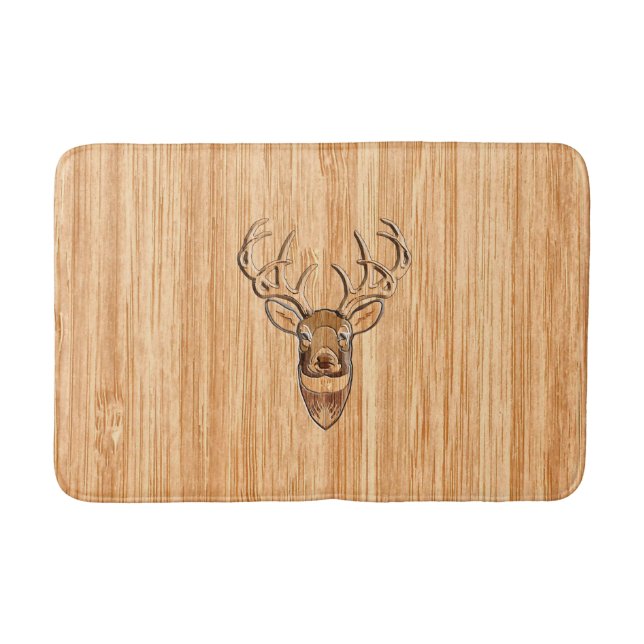 White Tail Deer Head Wood Grain Style Display Bath Mat (Front)