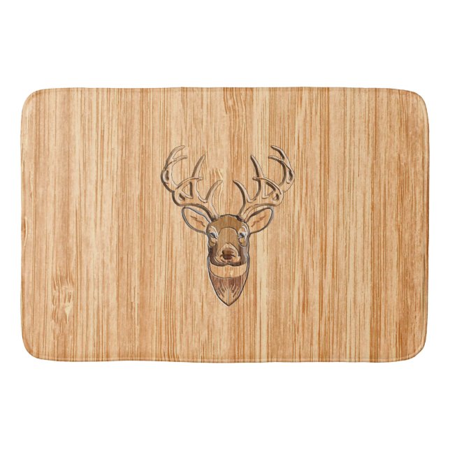 White Tail Deer Head Wood Grain Style Display Bath Mat (Front)