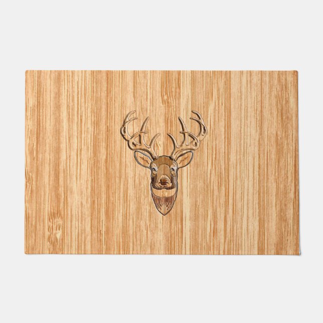 White Tail Deer Head Wood Grain Style Display Doormat (Front)