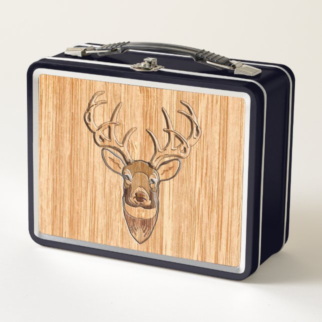 White Tail Deer Head Wood Grain Style Metal Lunch Box (Front)