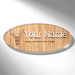 White Tail Deer Head Wood Grain Style Print Name Tag