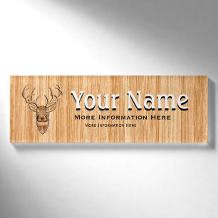White Tail Deer Head Wood Grain Style Print Name Tag