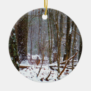 white tail deer in the snow ceramic ornament