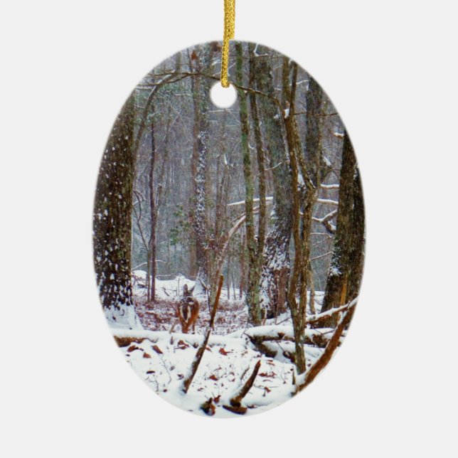 white tail deer in the snow ceramic ornament (Front)