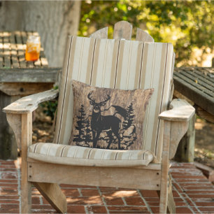 White Tailed Buck Silhouette On Faux Tree Bark Outdoor Pillow