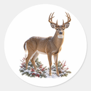 White-Tailed Deer Buck Snowy Christmas Woodland Classic Round Sticker