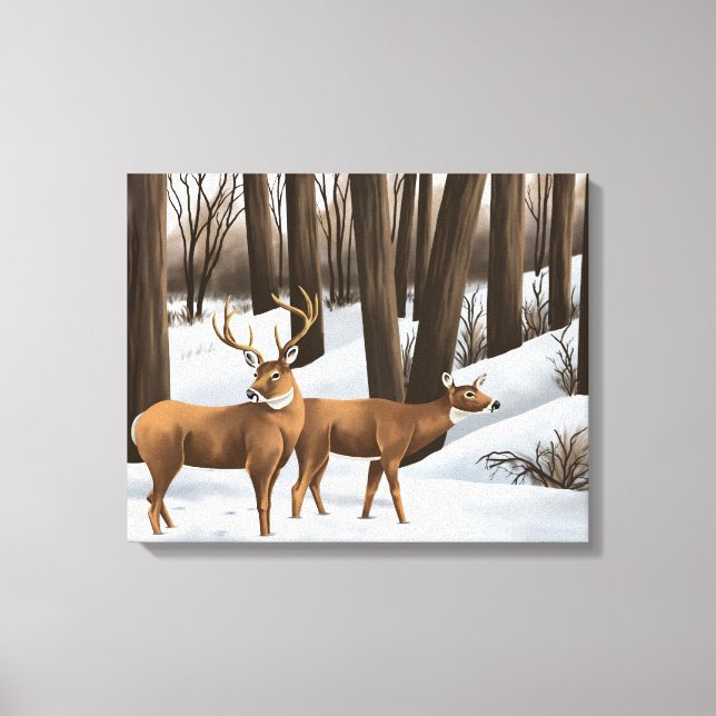 White-tailed Deer In Snow On Canvas Print (Front)