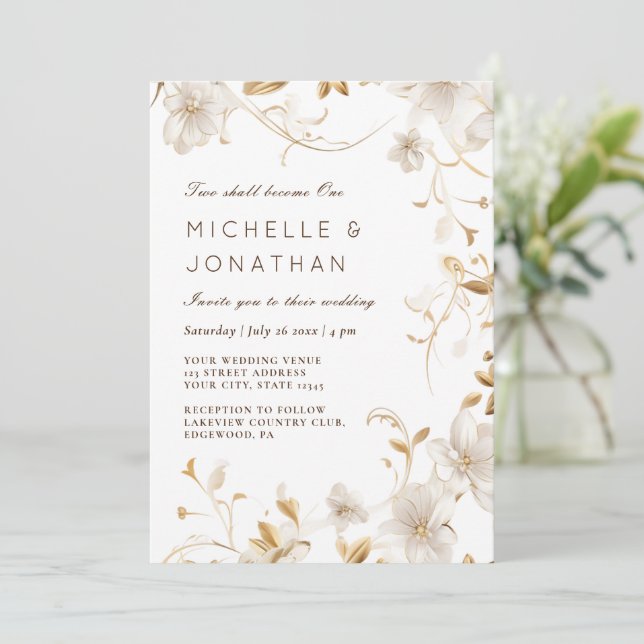 White Tan Floral Modern Christian Bible Wedding Invitation (Standing Front)