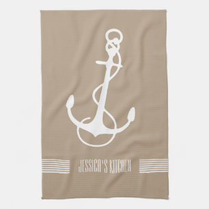 White & Tan Stripes And Nautical Boat Anchor Kitchen Towel