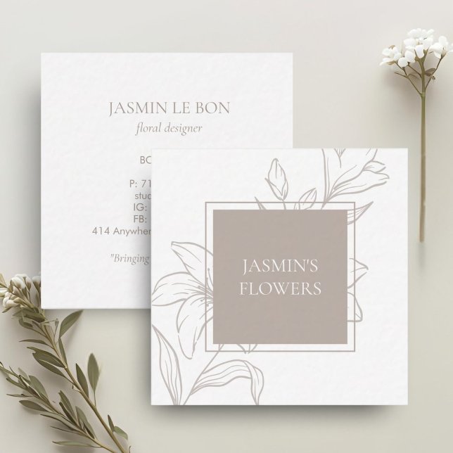 White & Taupe | Chic Floral Label Square Business Card (Creator Uploaded)